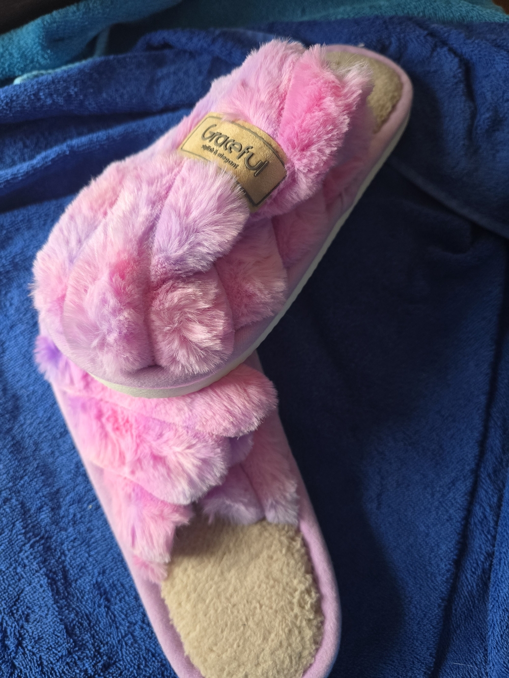 2 Pair GROGURU Faux Fur Cross-Band Slippers in Pink And Tan